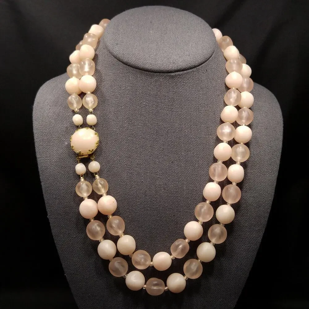 Vintage Austria Pink Lucite Bead Necklace Two Strand Frosted & Matte 1950s